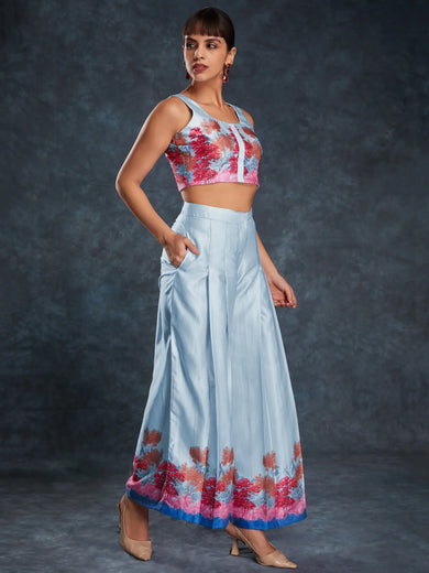 Charming Sky Blue Digital Printed Linen Party Wear Co-Ord Set